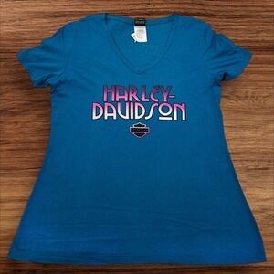 Harley-Davidson V-Neck Graphic Tee Short Sleeve‎ Top Biker Blue Medium
